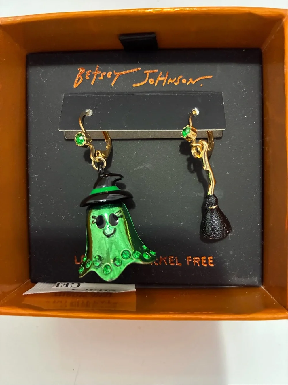 Betsey Johnson Green Witch & Broom Asymmetrical Drop Earrings